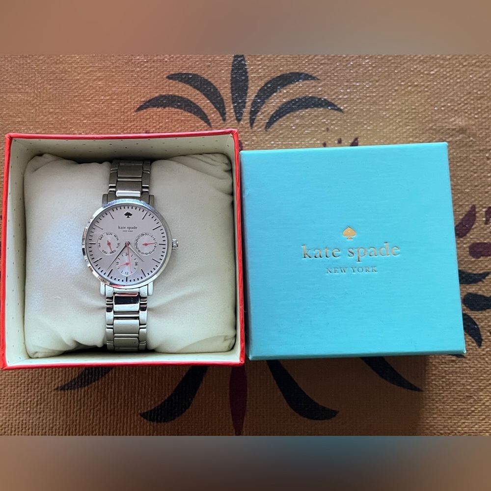 Kate Spade Gramercy silver-tone watch with hot pink hands. New battery.